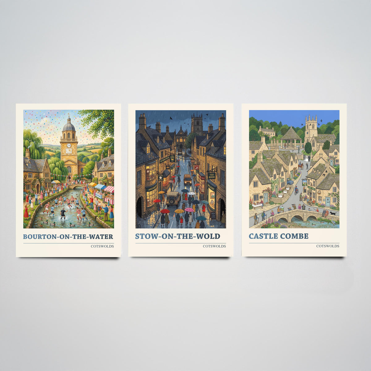 Cotswolds Set of Three Art Prints - Bourton-on-the-Water, Stow-on-the-Wold, Castle Combe - 3 Folk Illustration Travel Posters