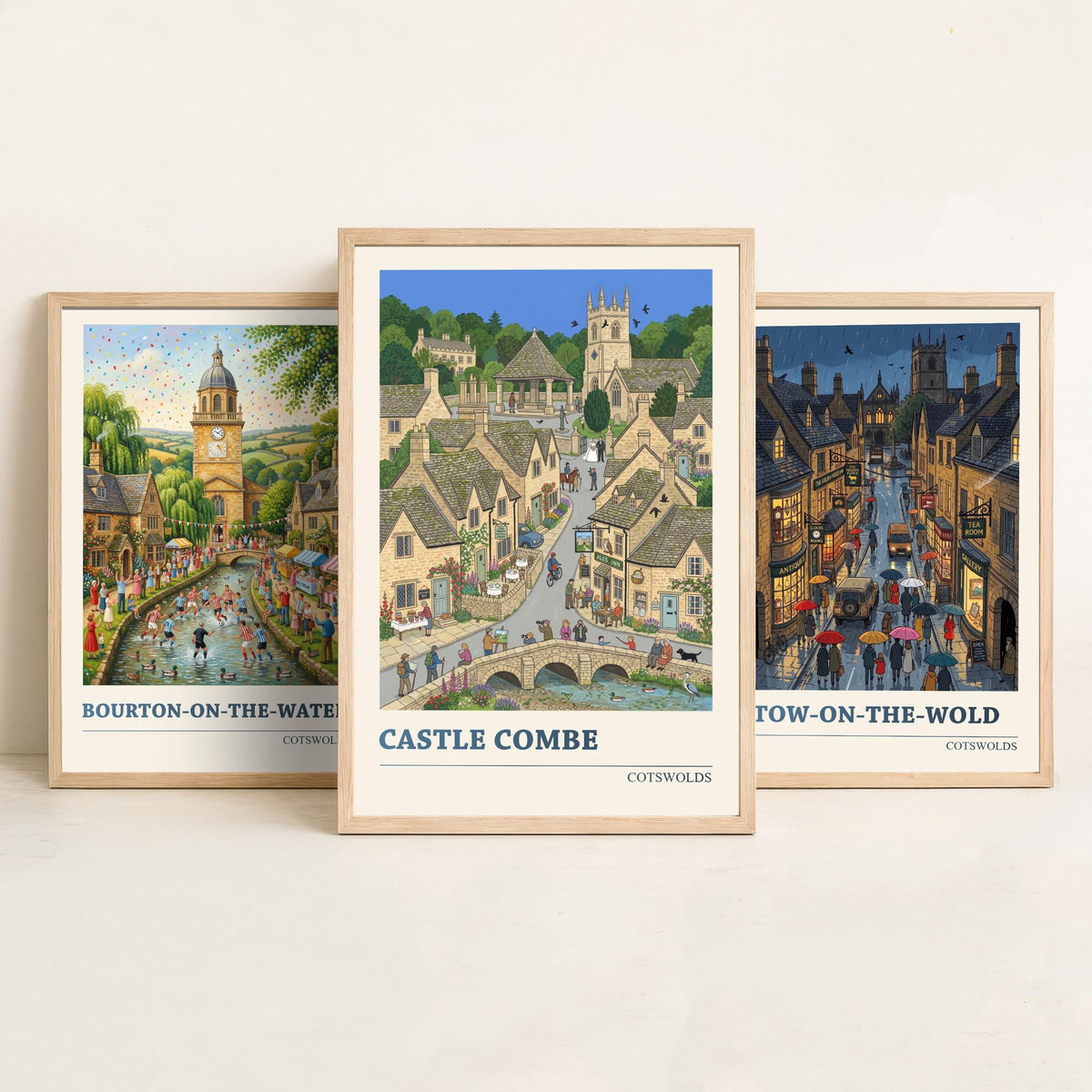 Cotswolds Set of Three Art Prints - Bourton-on-the-Water, Stow-on-the-Wold, Castle Combe - 3 Folk Illustration Travel Posters