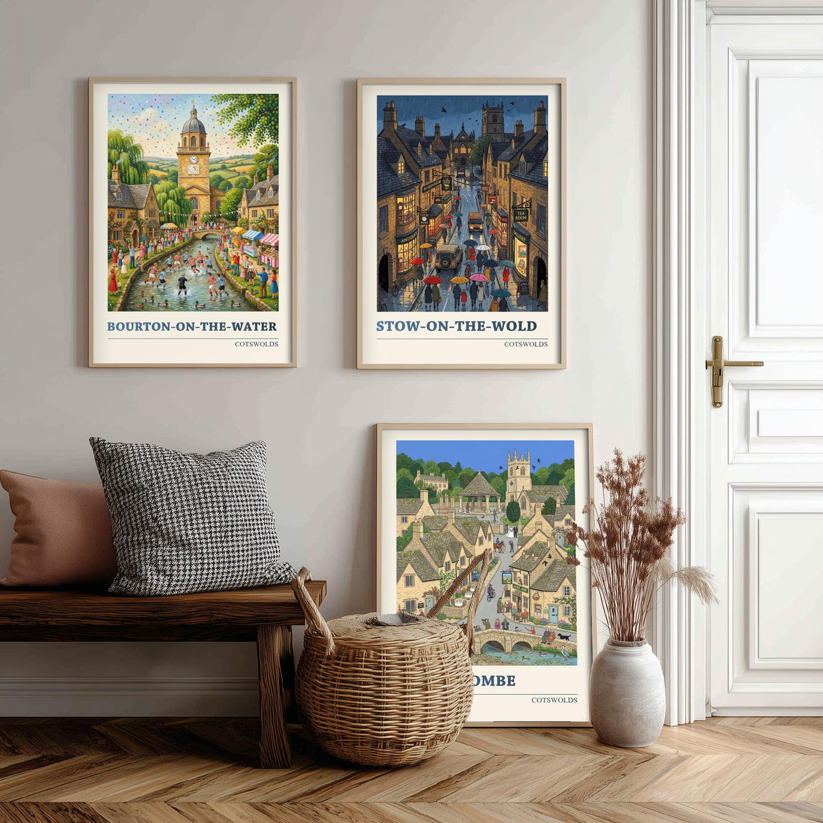 Cotswolds Set of Three Art Prints - Bourton-on-the-Water, Stow-on-the-Wold, Castle Combe - 3 Folk Illustration Travel Posters