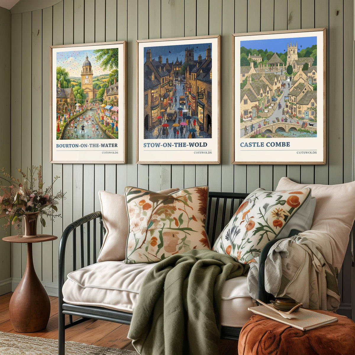 Cotswolds Set of Three Art Prints - Bourton-on-the-Water, Stow-on-the-Wold, Castle Combe - 3 Folk Illustration Travel Posters