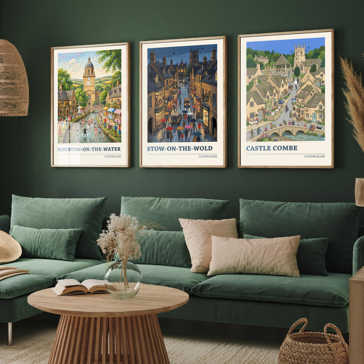 Cotswolds Set of Three Art Prints - Bourton-on-the-Water, Stow-on-the-Wold, Castle Combe - 3 Folk Illustration Travel Posters