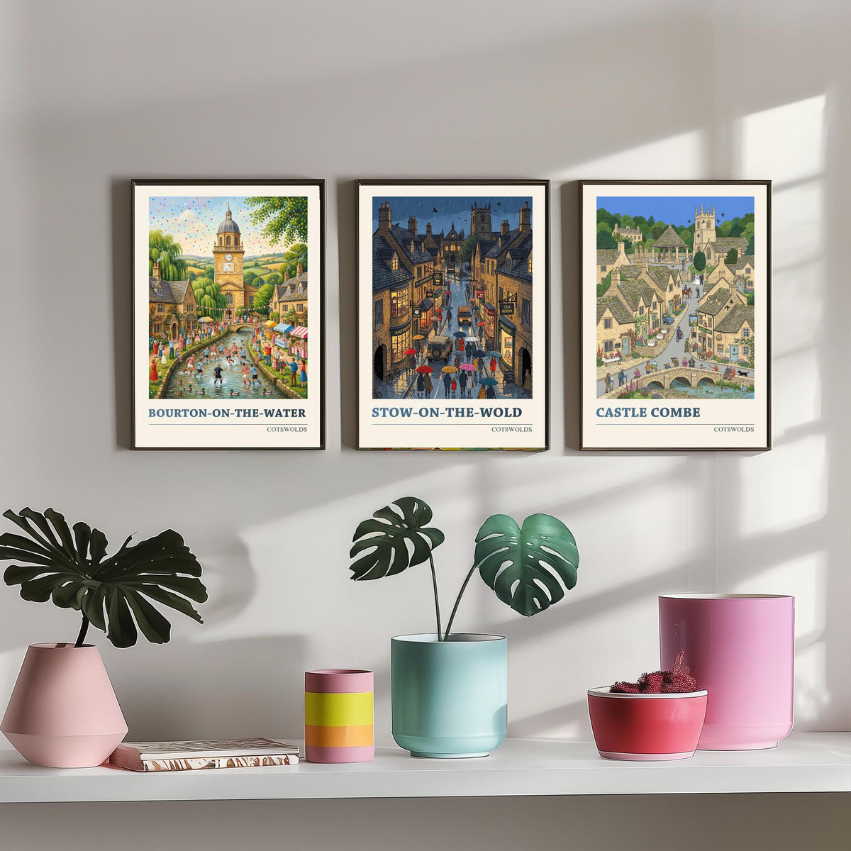 Cotswolds Set of Three Art Prints - Bourton-on-the-Water, Stow-on-the-Wold, Castle Combe - 3 Folk Illustration Travel Posters
