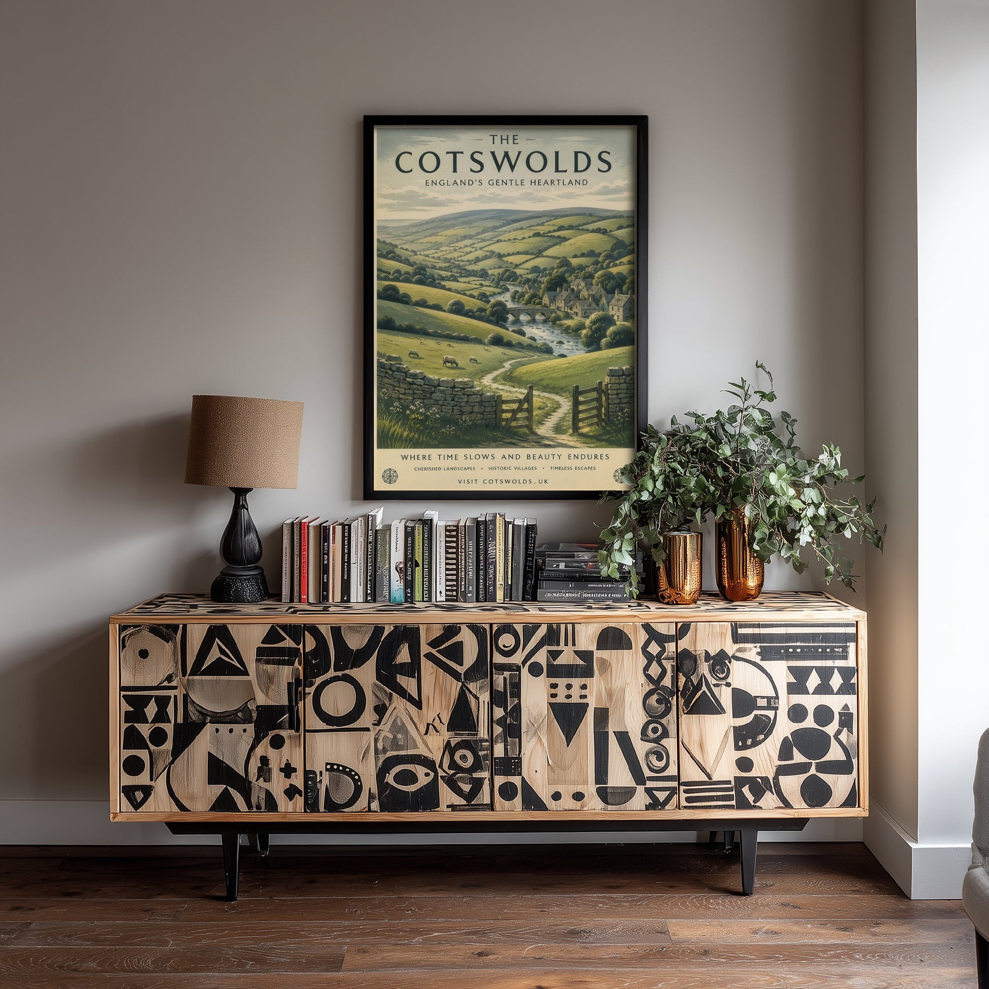 Cotswolds England Travel Poster - Rolling Hills Art Print - Countryside Illustration - Honey Stone Village Visit 1/3
