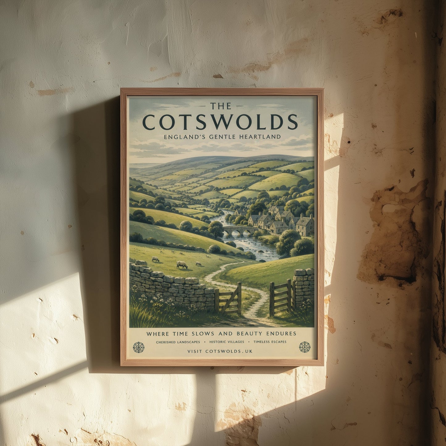 Cotswolds England Travel Poster - Rolling Hills Art Print - Countryside Illustration - Honey Stone Village Visit 1/3