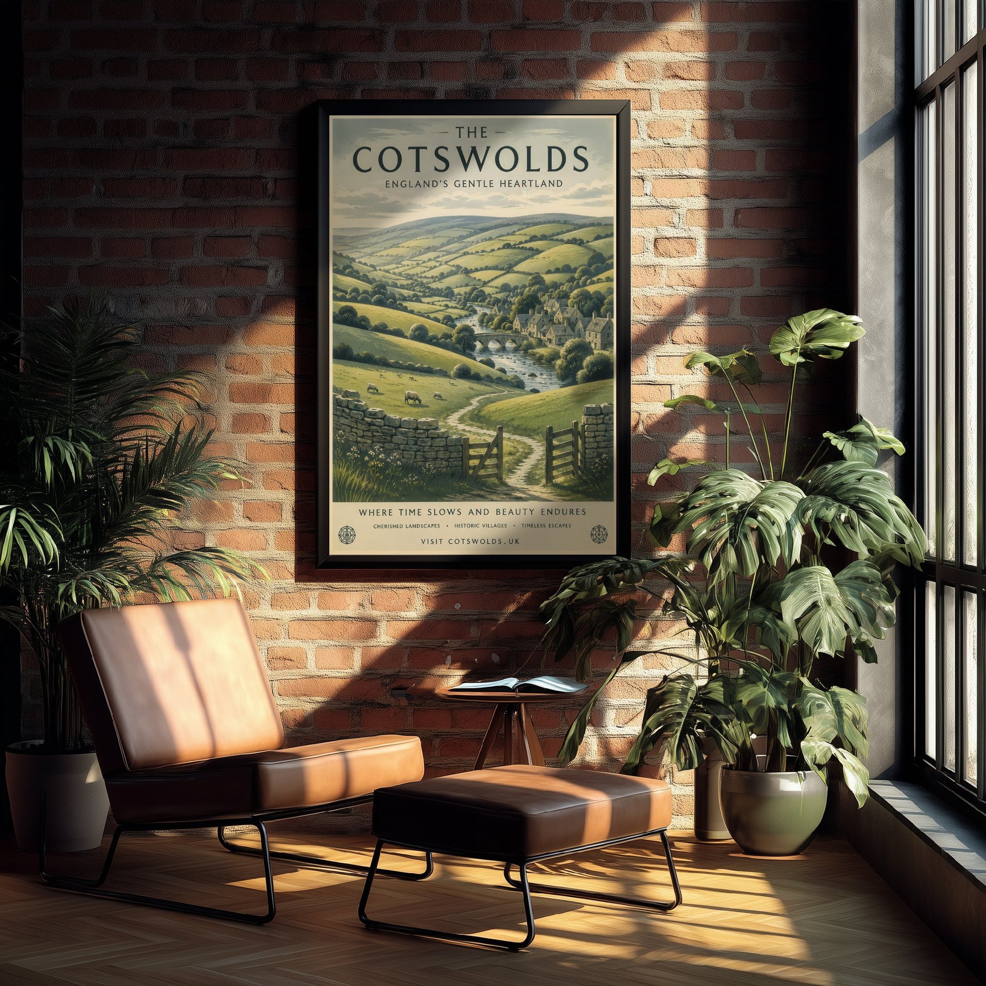 Cotswolds England Travel Poster - Rolling Hills Art Print - Countryside Illustration - Honey Stone Village Visit 1/3