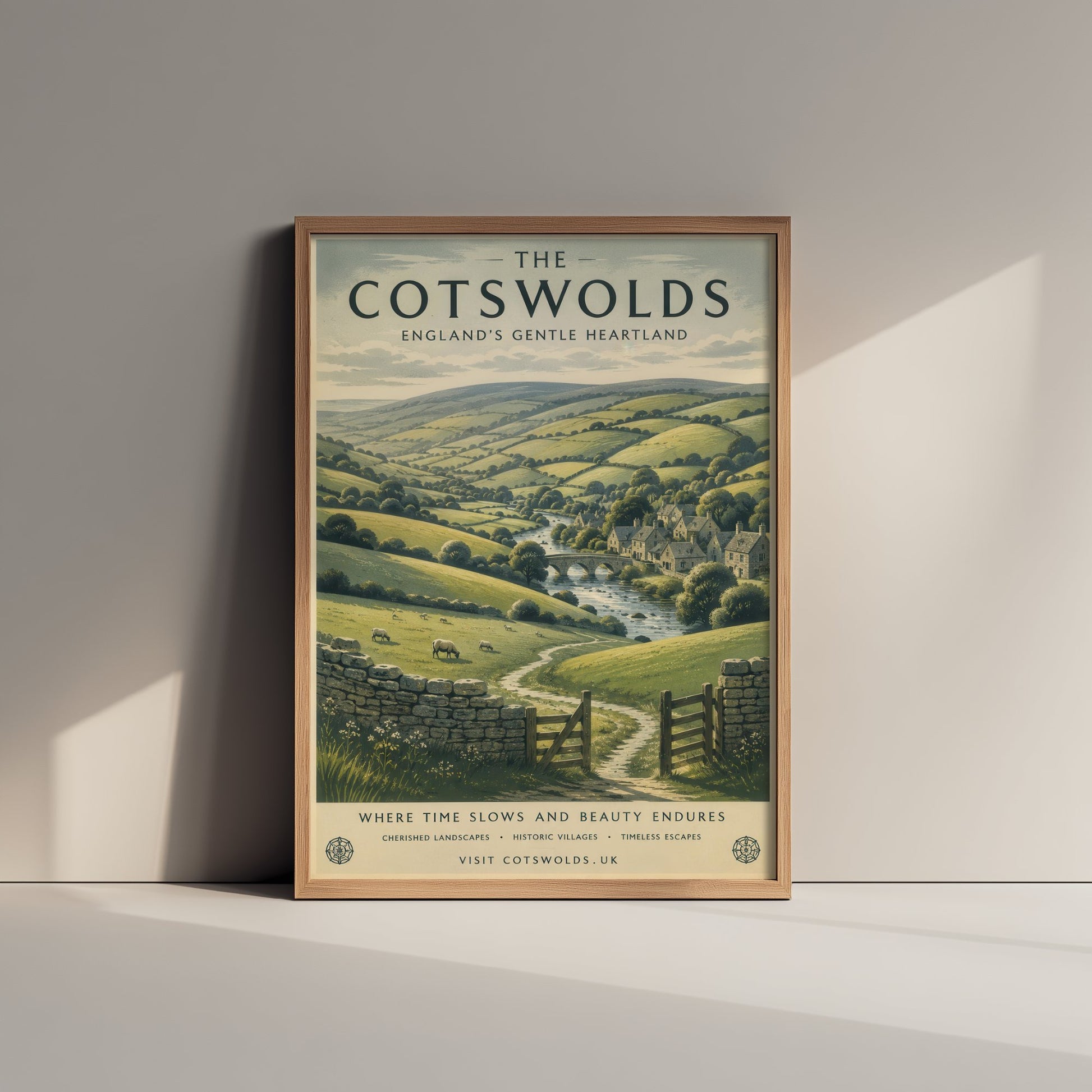 Cotswolds England Travel Poster - Rolling Hills Art Print - Countryside Illustration - Honey Stone Village Visit 1/3