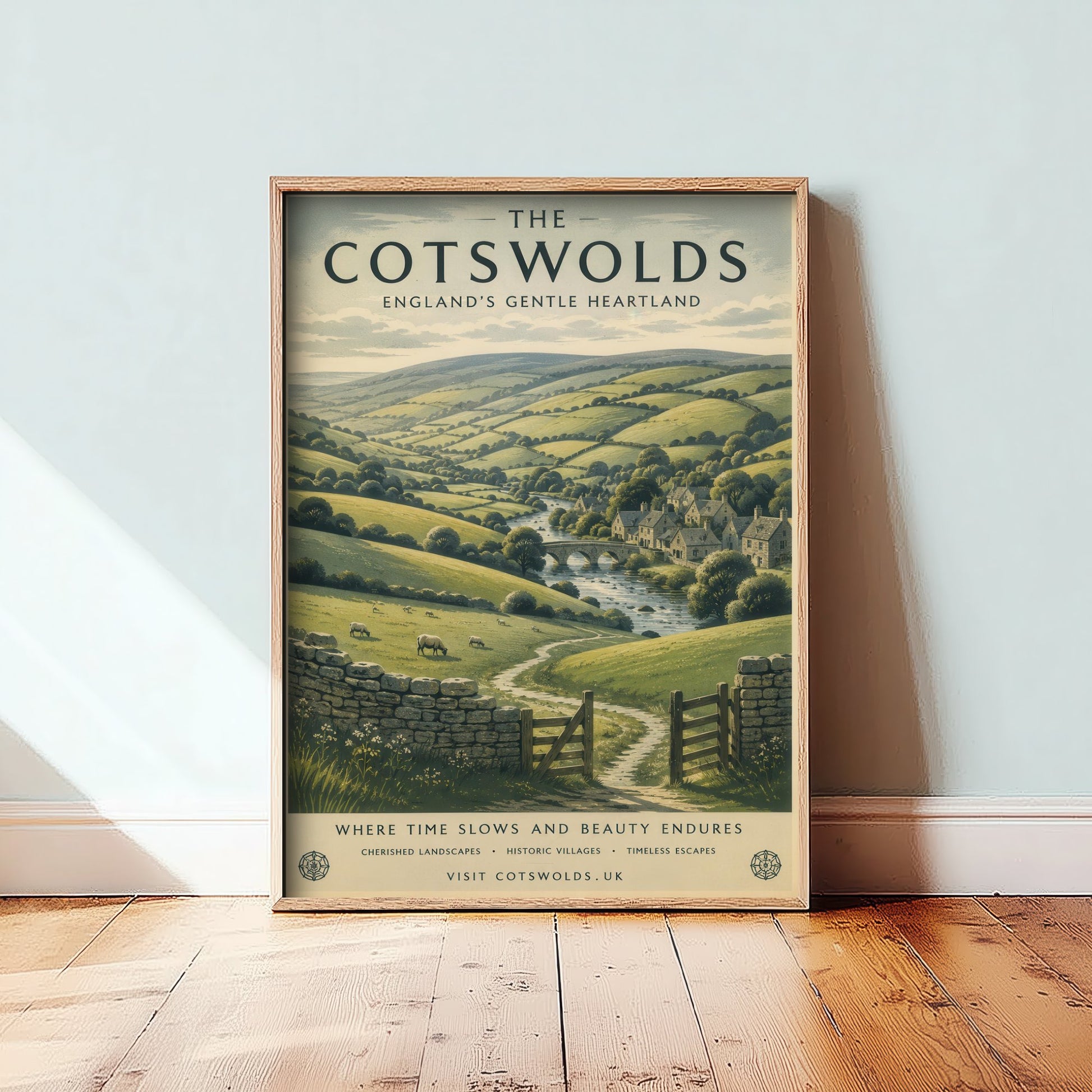 Cotswolds England Travel Poster - Rolling Hills Art Print - Countryside Illustration - Honey Stone Village Visit 1/3