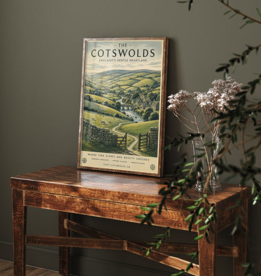 Cotswolds England Travel Poster - Rolling Hills Art Print - Countryside Illustration - Honey Stone Village Visit 1/3