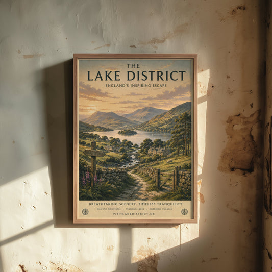 Lake District England Travel Poster - Vintage Art Print - Mountains Illustration - Cumbria Fells Visit 2/3