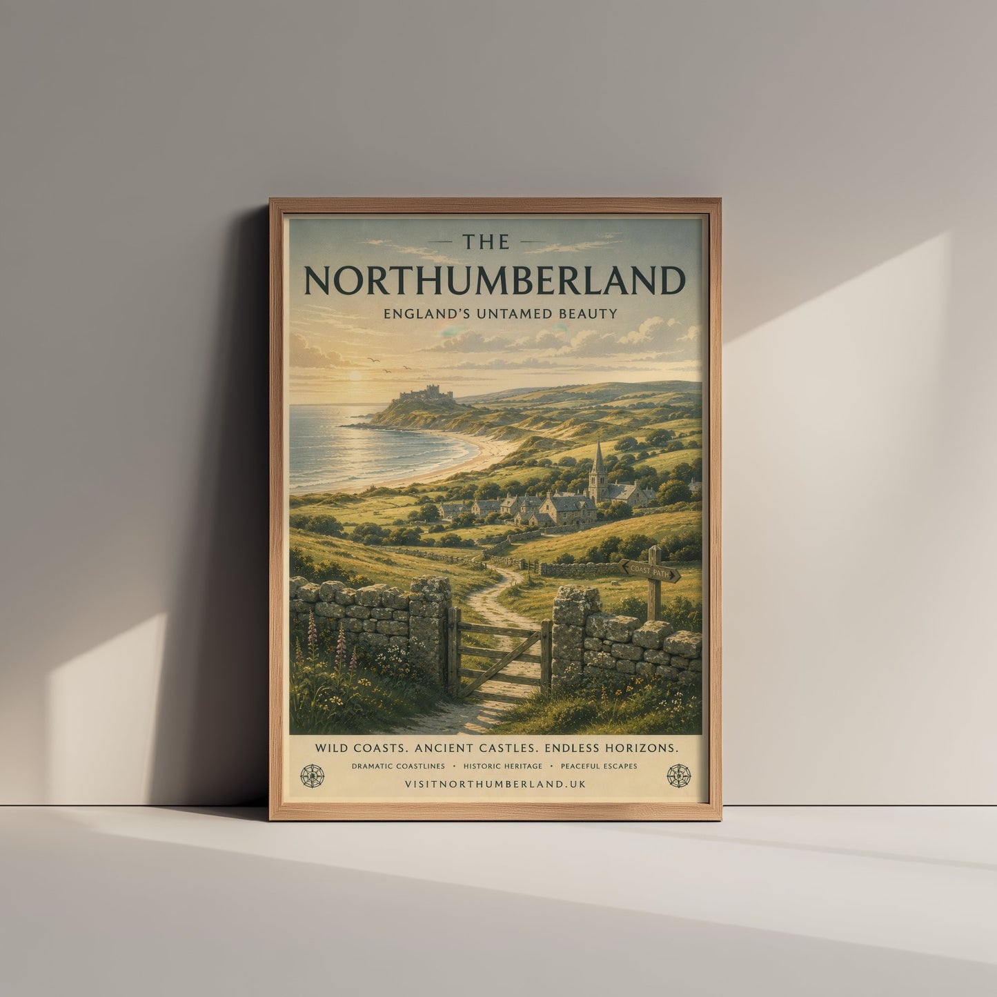 Northumberland England Travel Poster - Coastal Castle Art Print - Coast Illustration - Wild Beach Sunset Visit 3/3