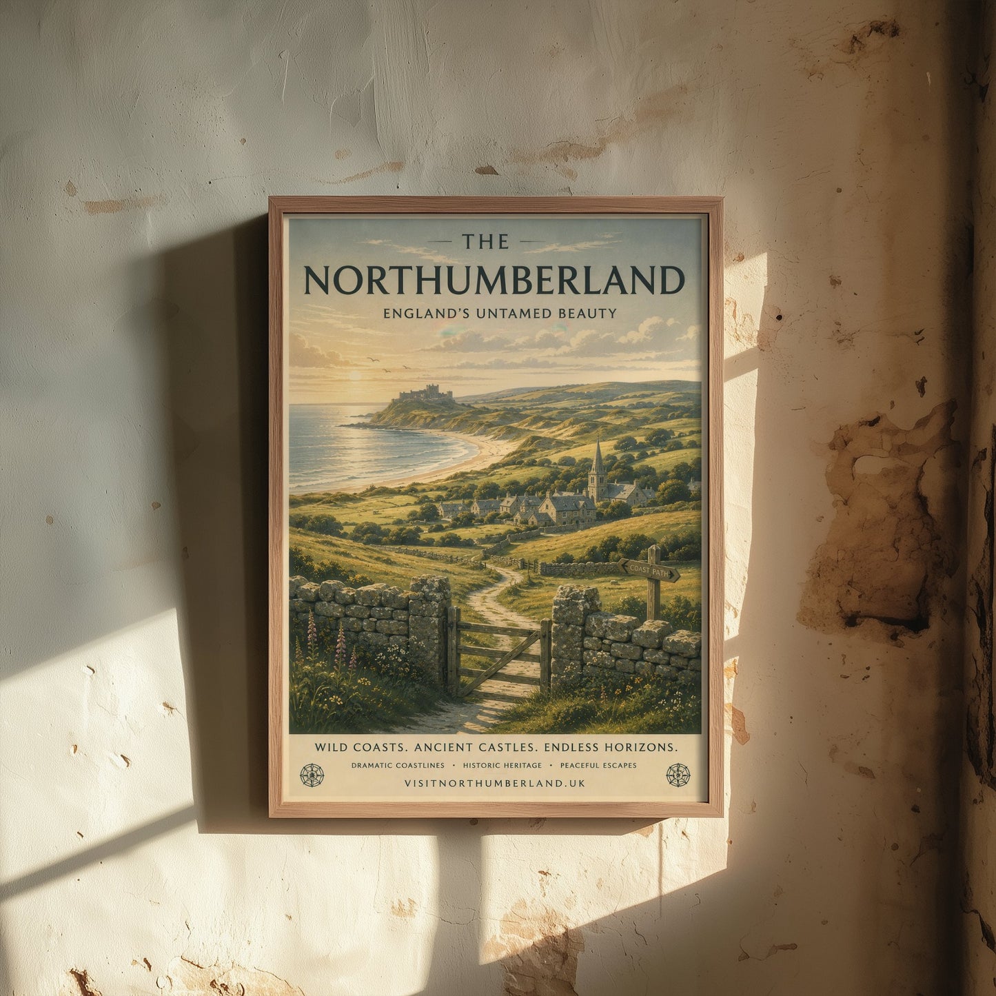Northumberland England Travel Poster - Coastal Castle Art Print - Coast Illustration - Wild Beach Sunset Visit 3/3