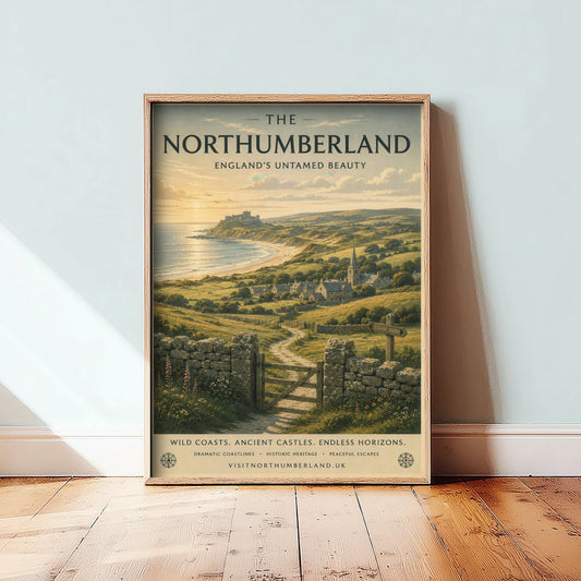Northumberland England Travel Poster - Coastal Castle Art Print - Coast Illustration - Wild Beach Sunset Visit 3/3