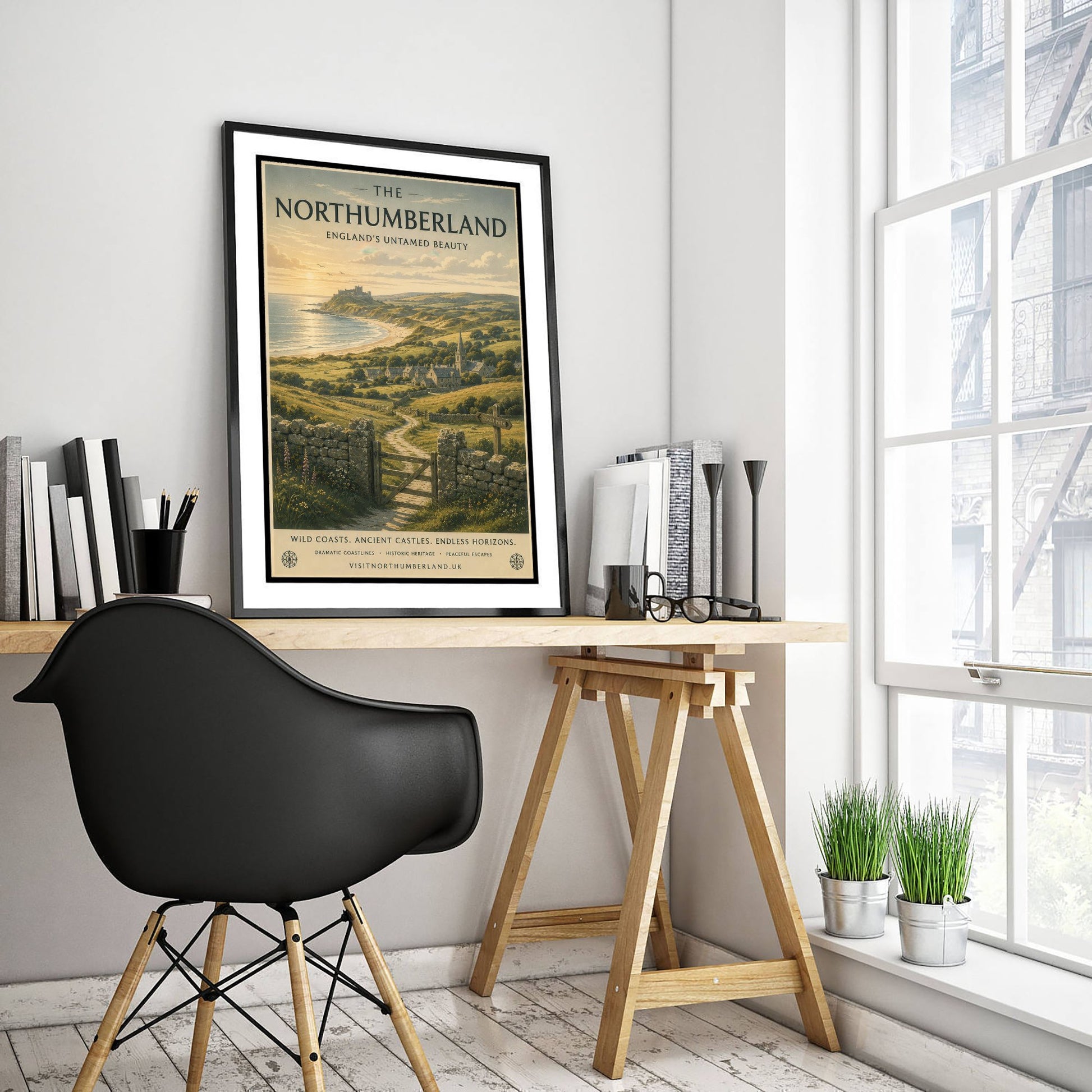 Northumberland England Travel Poster - Coastal Castle Art Print - Coast Illustration - Wild Beach Sunset Visit 3/3
