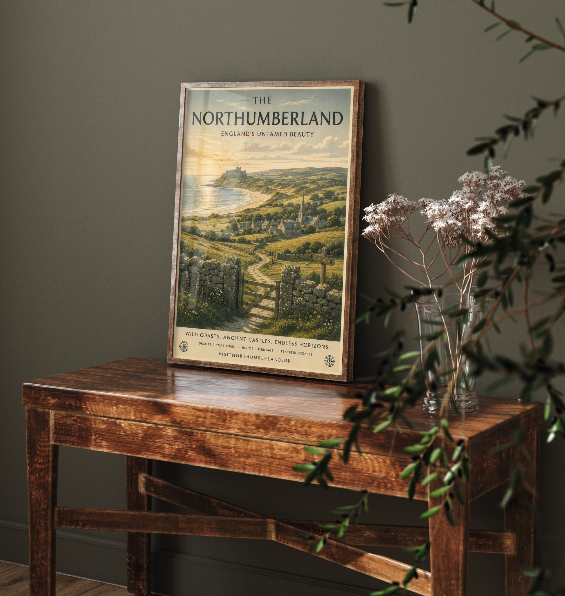 Northumberland England Travel Poster - Coastal Castle Art Print - Coast Illustration - Wild Beach Sunset Visit 3/3