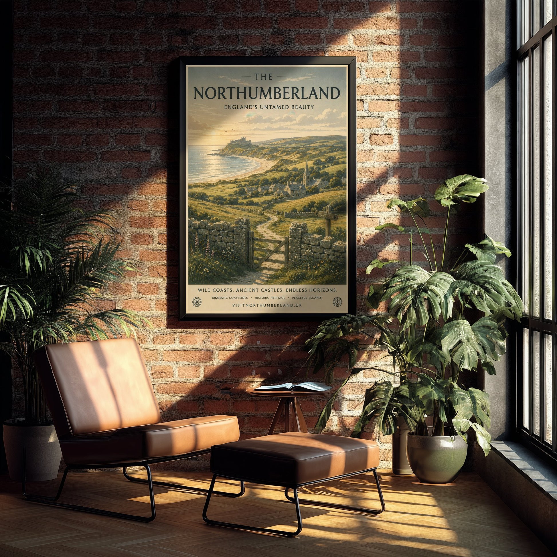 Northumberland England Travel Poster - Coastal Castle Art Print - Coast Illustration - Wild Beach Sunset Visit 3/3