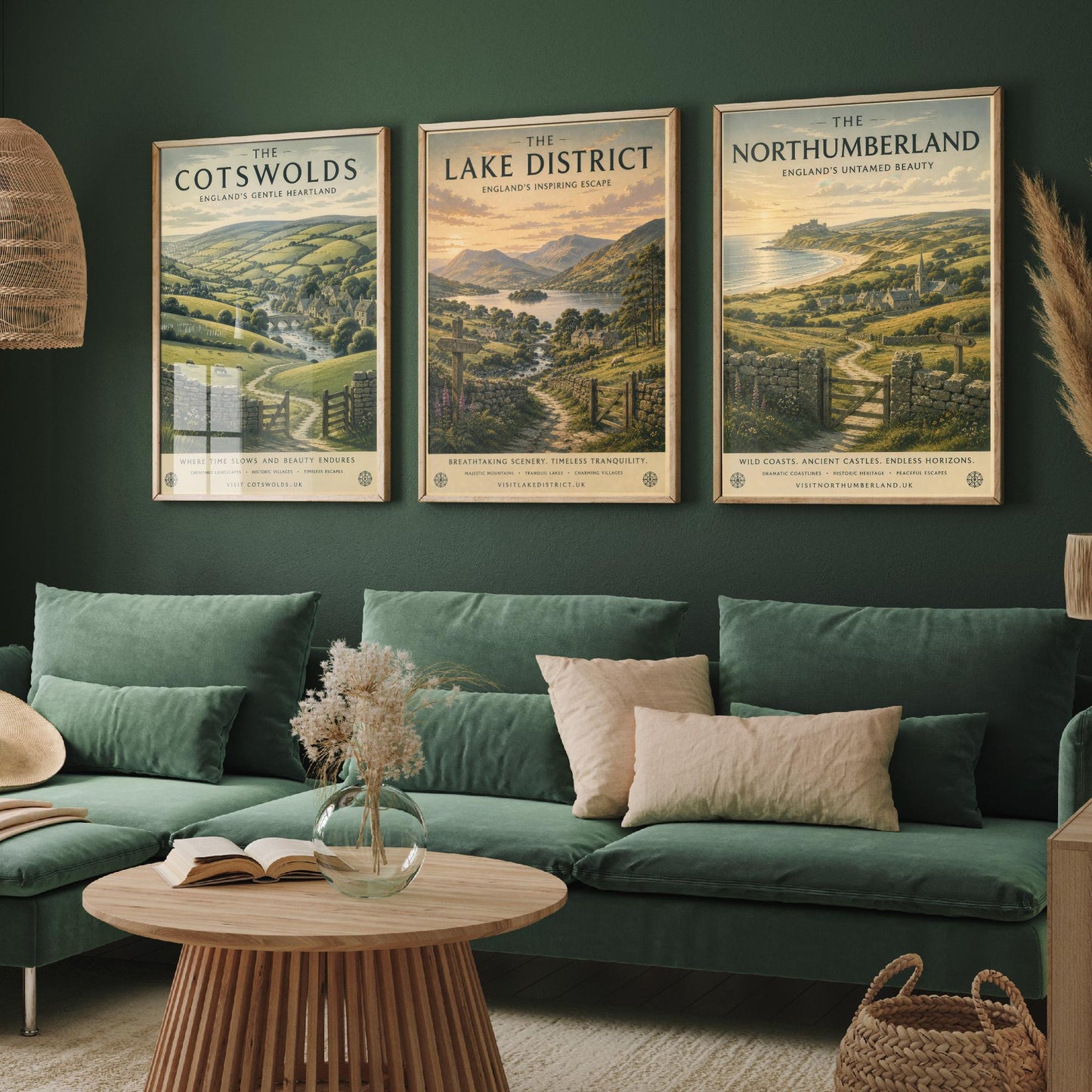 Set of Three English Countryside Travel Posters - Cotswolds, Lake District, Northumberland - Art Print Painting Gift Decor