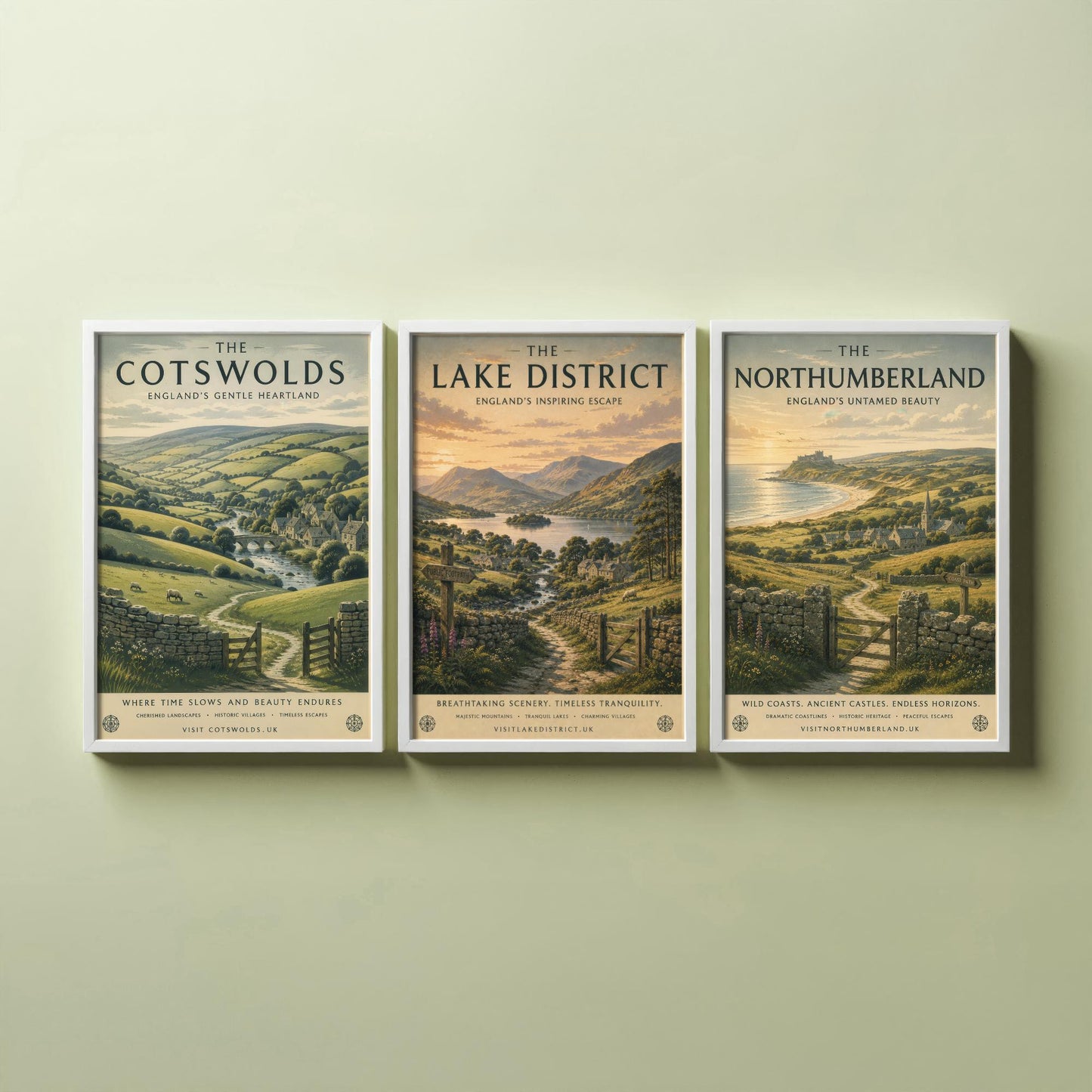 Set of Three English Countryside Travel Posters - Cotswolds, Lake District, Northumberland - Art Print Painting Gift Decor