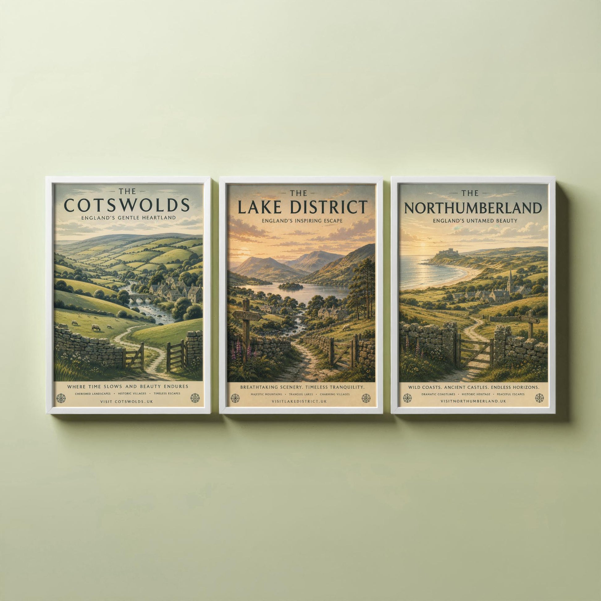 Set of Three English Countryside Travel Posters - Cotswolds, Lake District, Northumberland - Art Print Painting Gift Decor