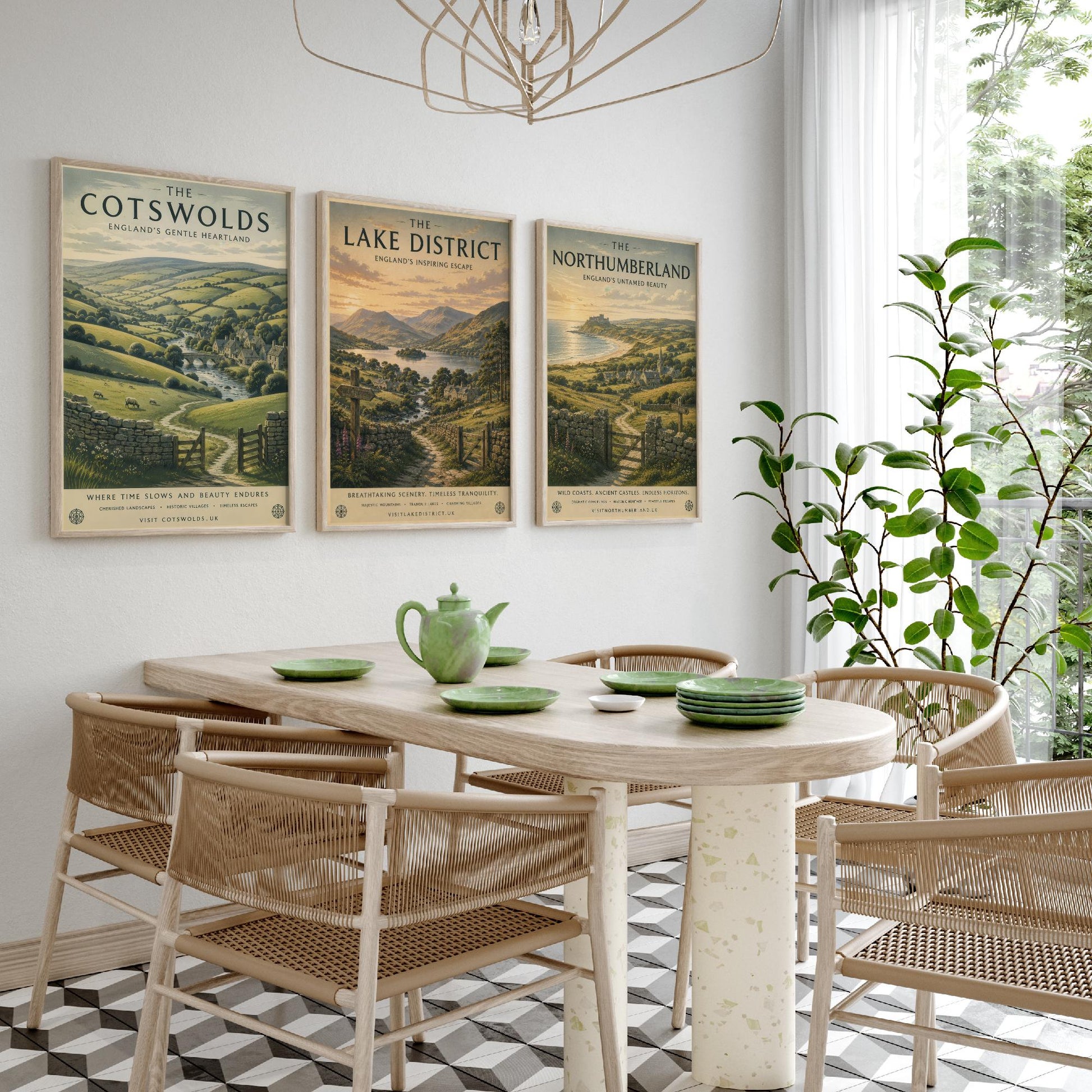 Set of Three English Countryside Travel Posters - Cotswolds, Lake District, Northumberland - Art Print Painting Gift Decor