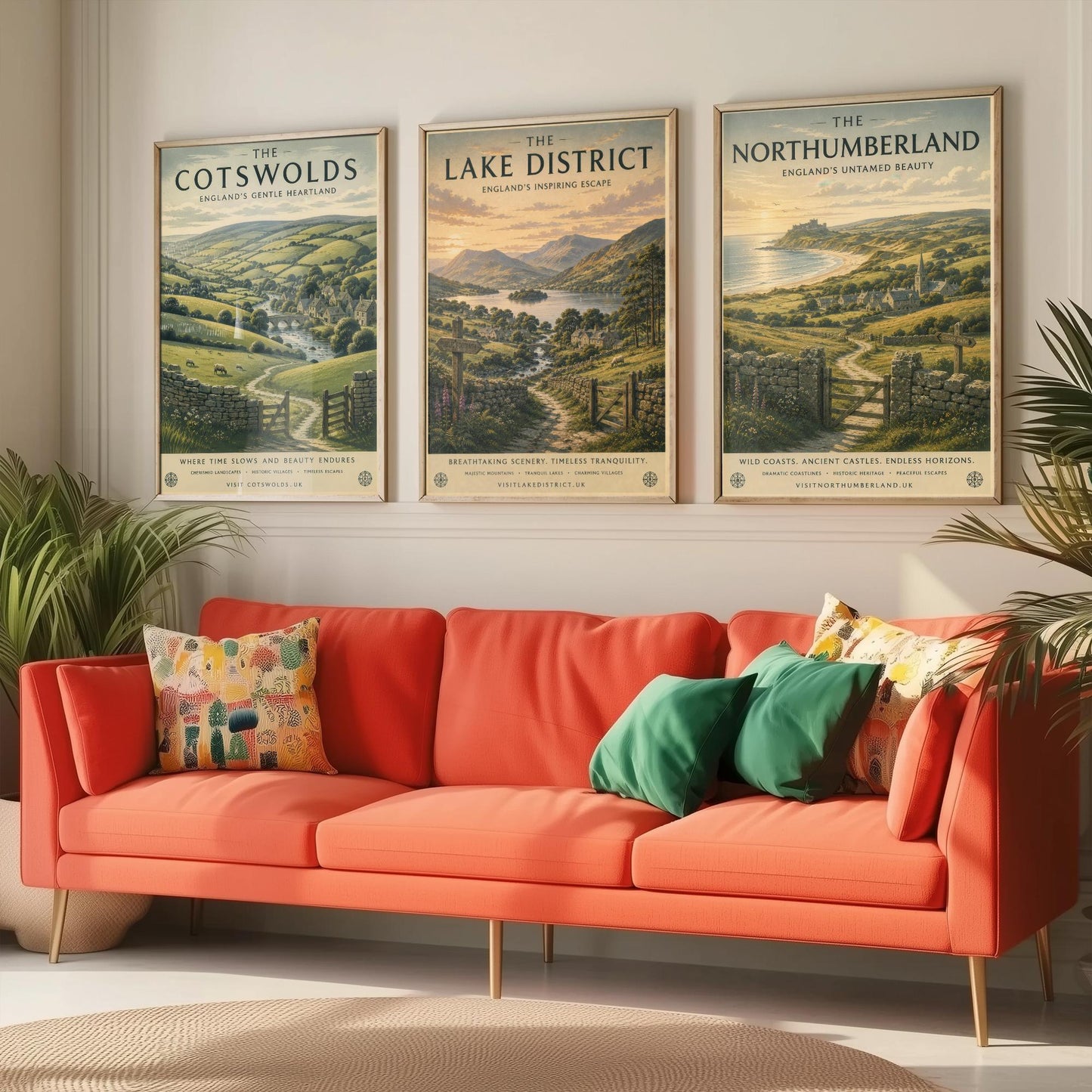 Set of Three English Countryside Travel Posters - Cotswolds, Lake District, Northumberland - Art Print Painting Gift Decor