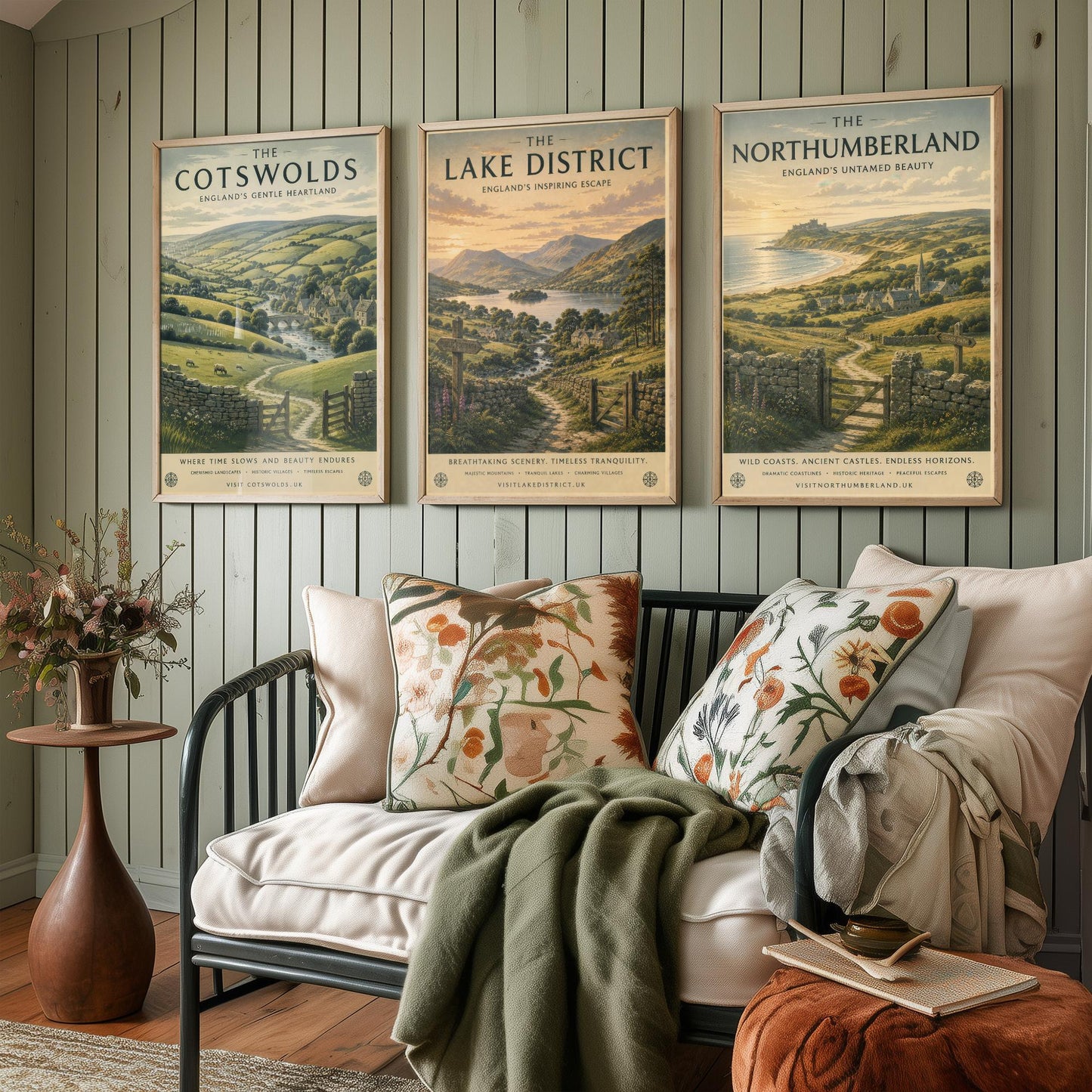 Set of Three English Countryside Travel Posters - Cotswolds, Lake District, Northumberland - Art Print Painting Gift Decor