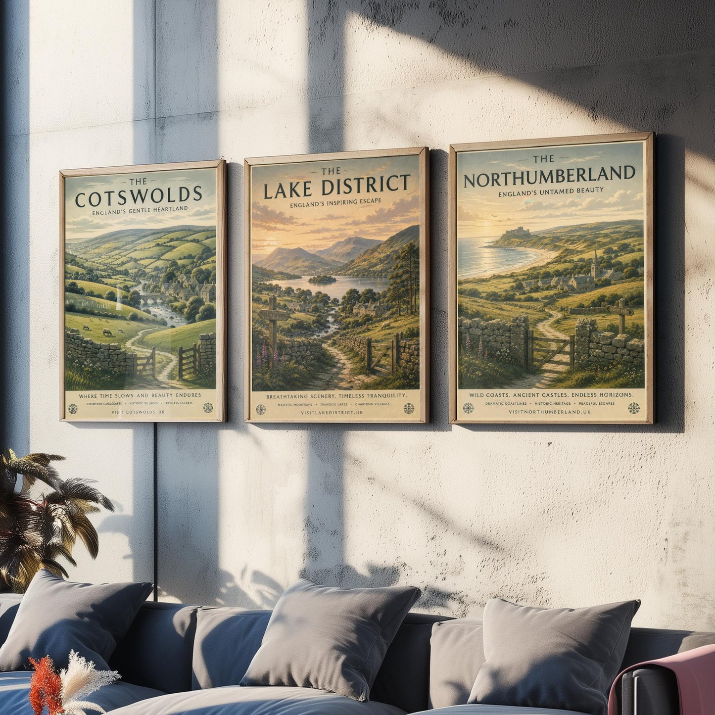 Set of Three English Countryside Travel Posters - Cotswolds, Lake District, Northumberland - Art Print Painting Gift Decor