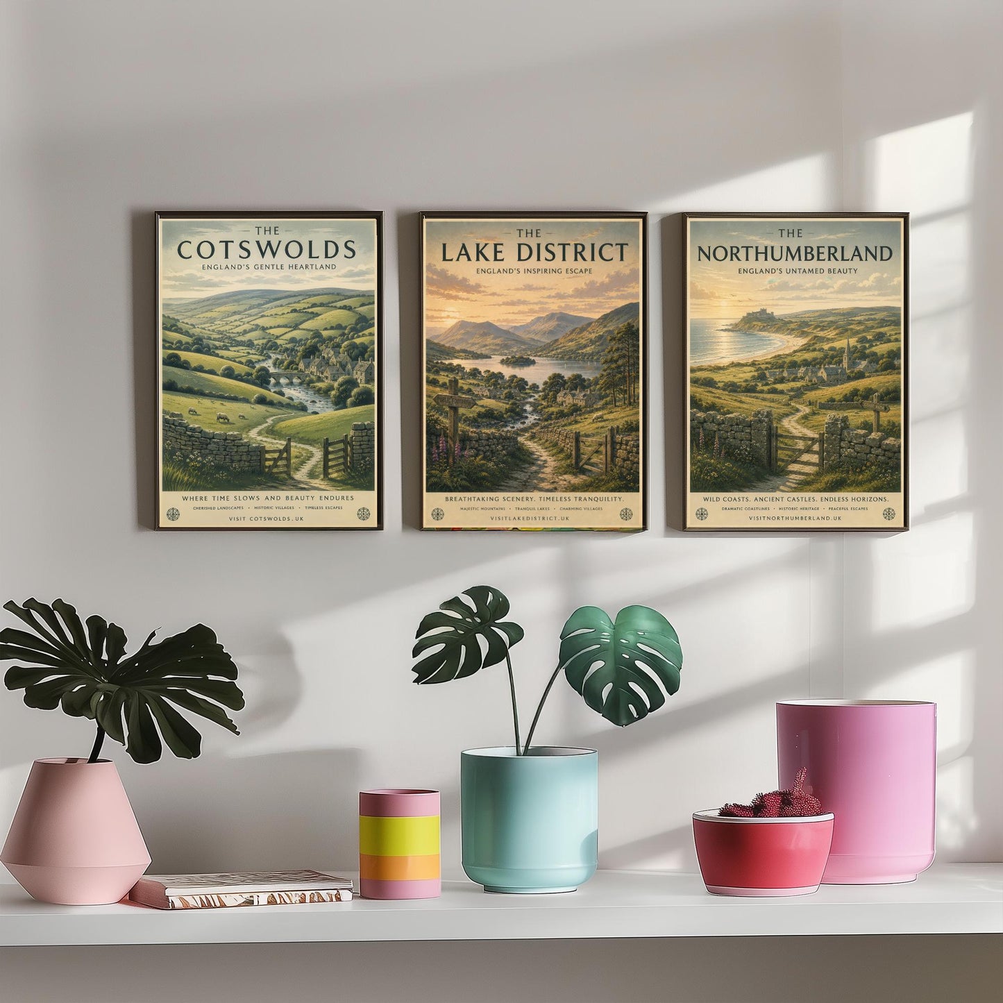Set of Three English Countryside Travel Posters - Cotswolds, Lake District, Northumberland - Art Print Painting Gift Decor