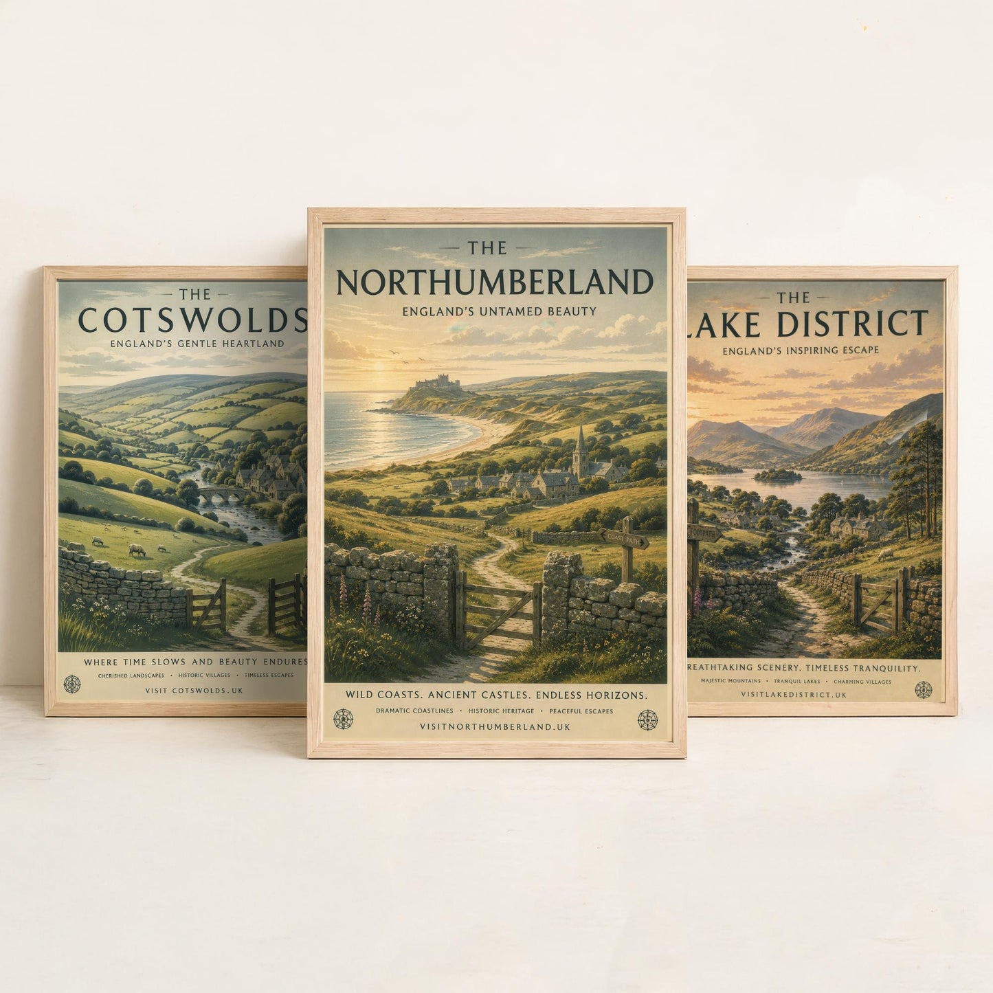 Set of Three English Countryside Travel Posters - Cotswolds, Lake District, Northumberland - Art Print Painting Gift Decor
