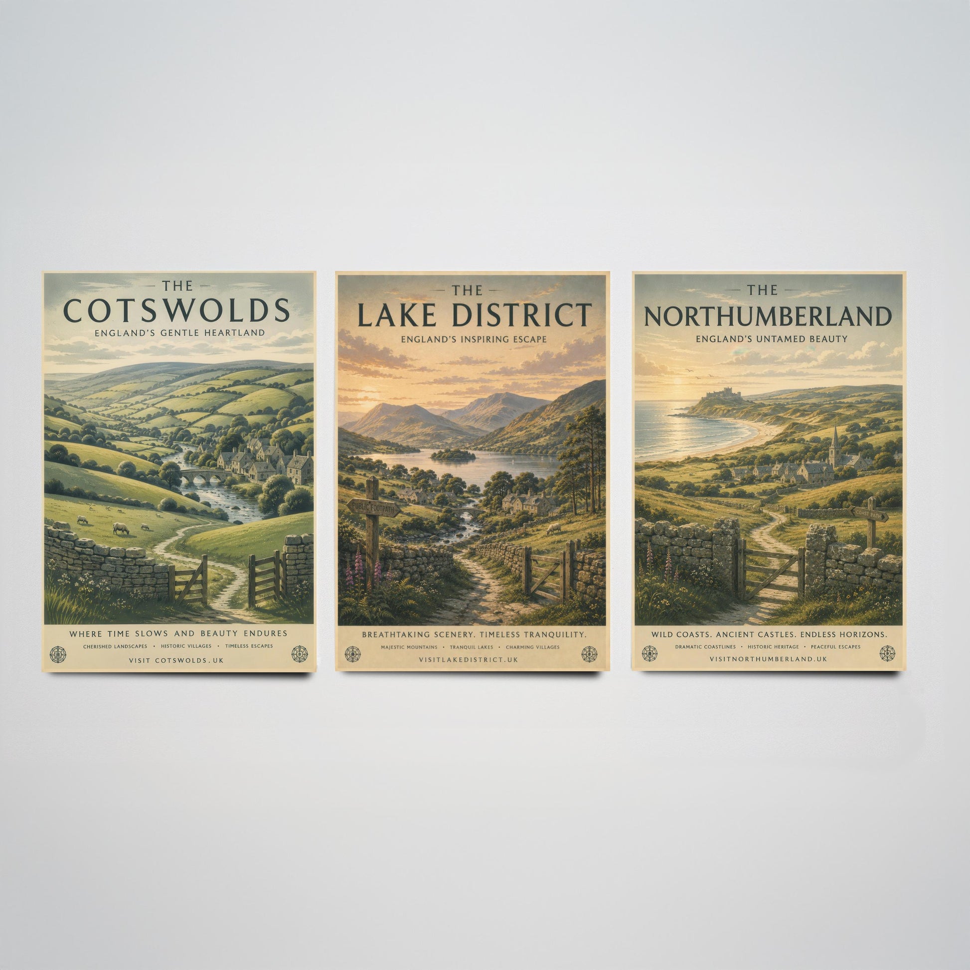 Set of Three English Countryside Travel Posters - Cotswolds, Lake District, Northumberland - Art Print Painting Gift Decor