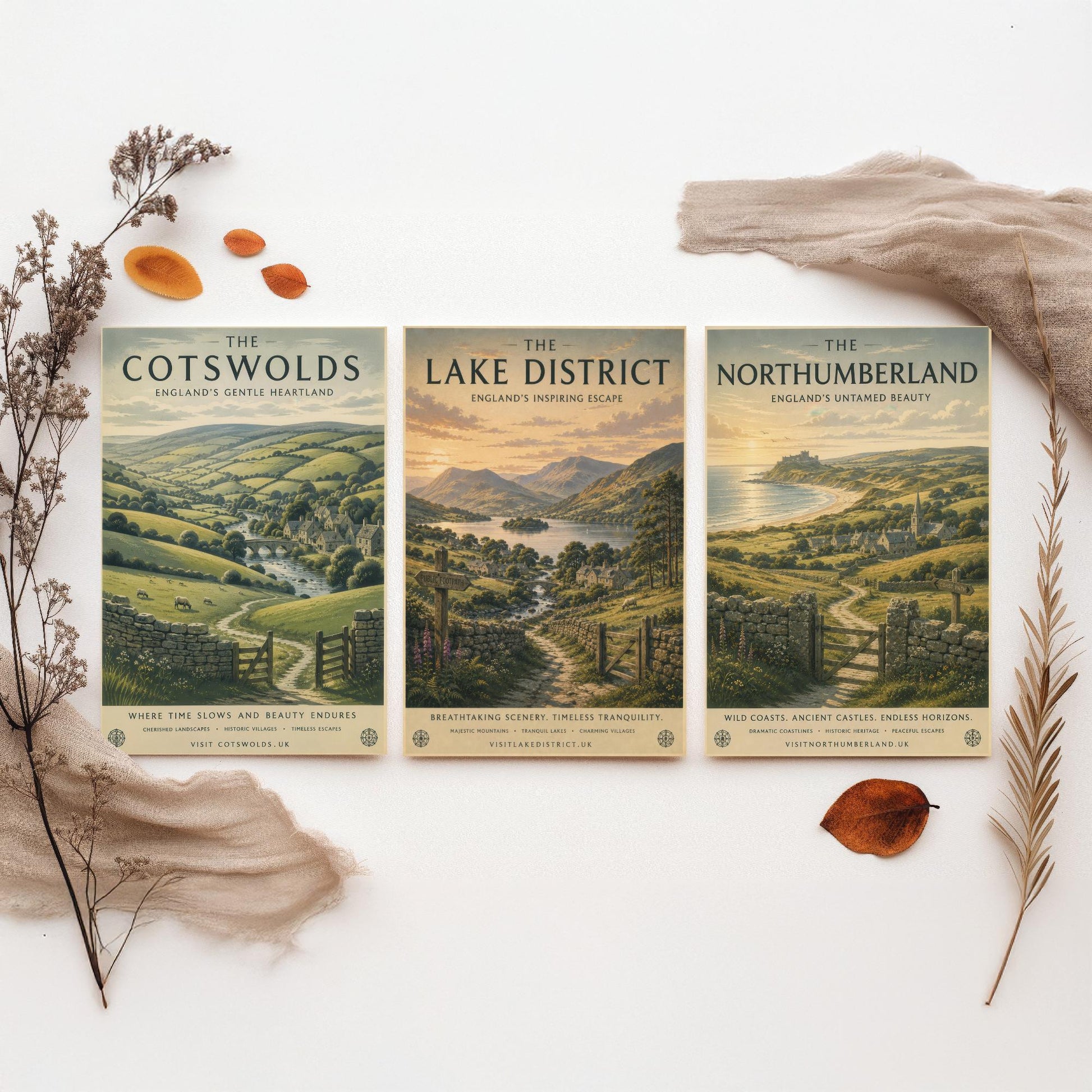 Set of Three English Countryside Travel Posters - Cotswolds, Lake District, Northumberland - Art Print Painting Gift Decor