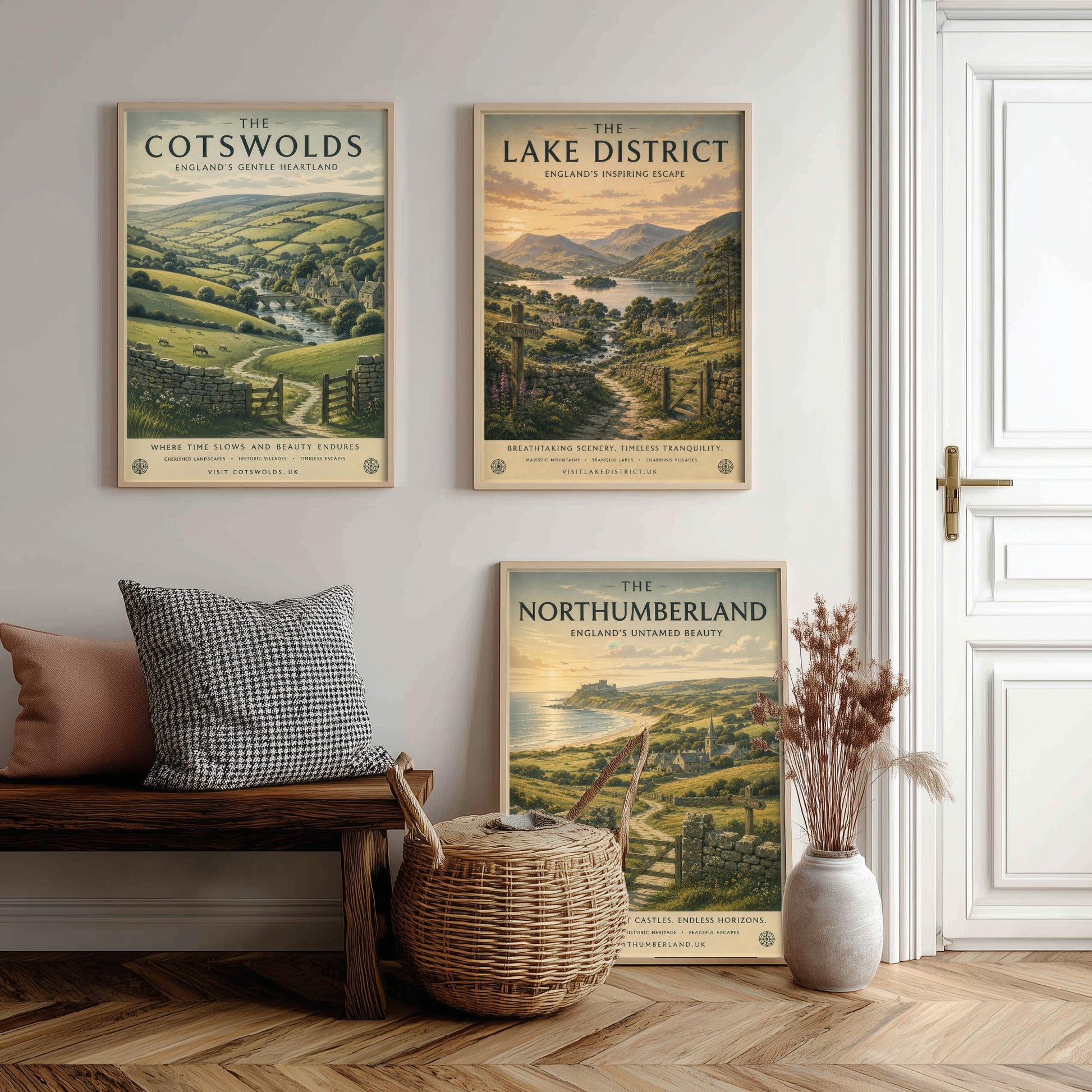 Set of Three English Countryside Travel Posters - Cotswolds, Lake District, Northumberland - Art Print Painting Gift Decor