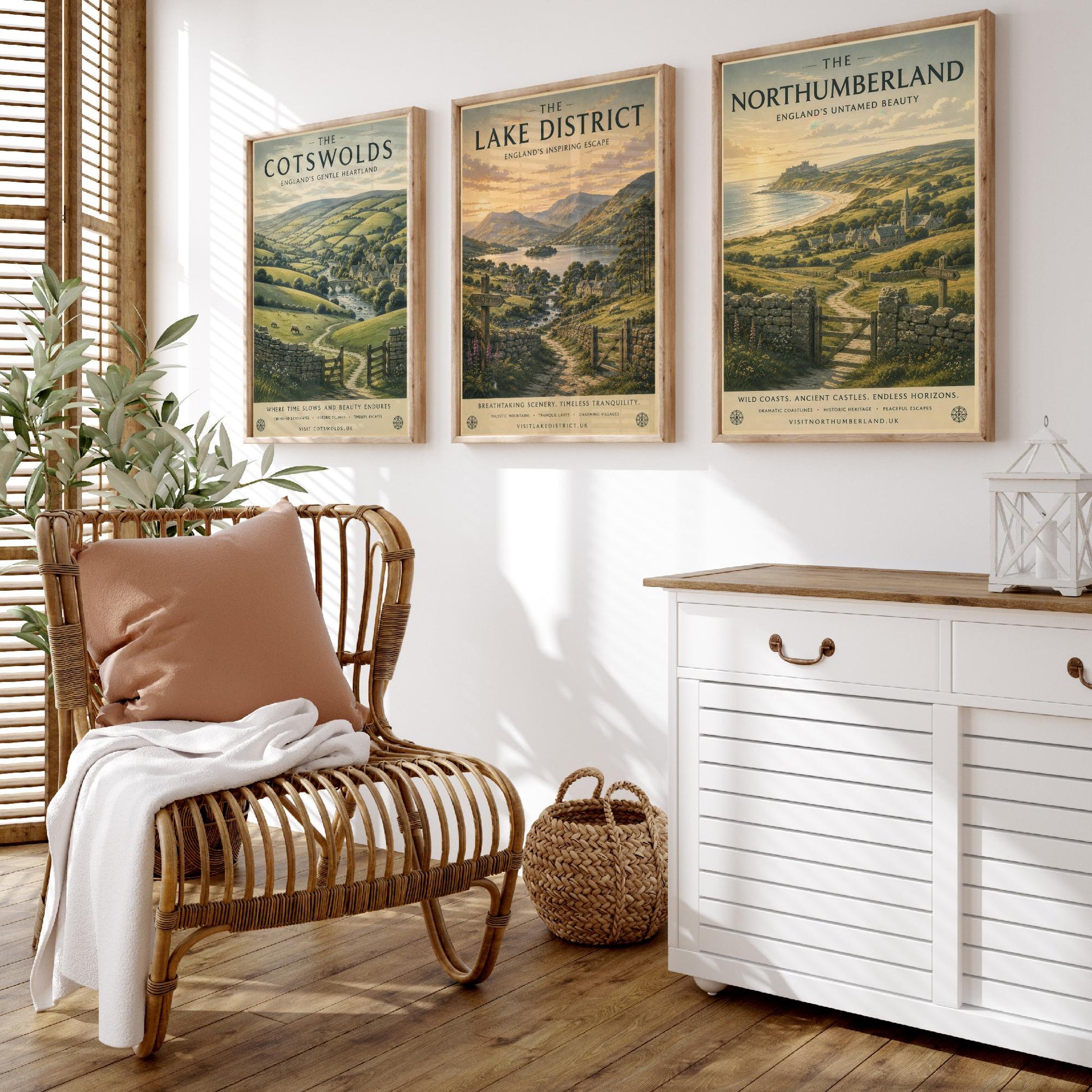 Set of Three English Countryside Travel Posters - Cotswolds, Lake District, Northumberland - Art Print Painting Gift Decor