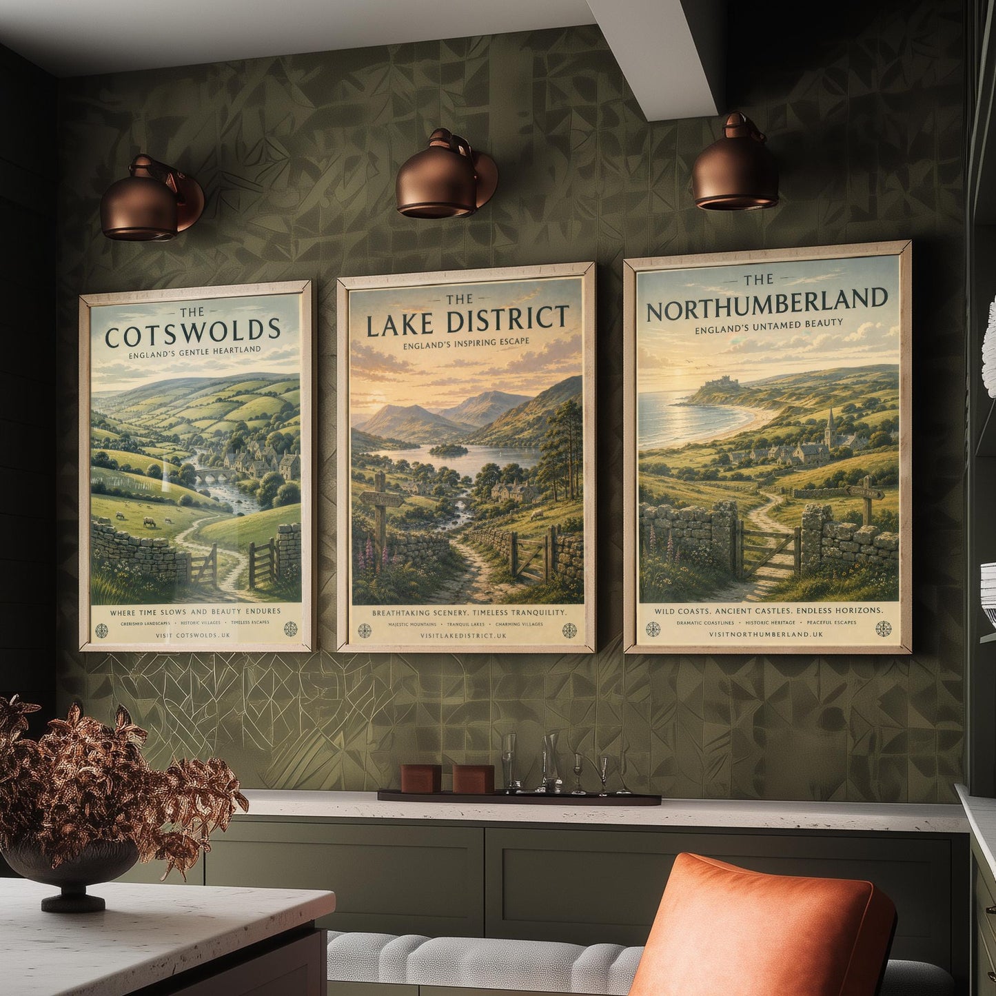 Set of Three English Countryside Travel Posters - Cotswolds, Lake District, Northumberland - Art Print Painting Gift Decor