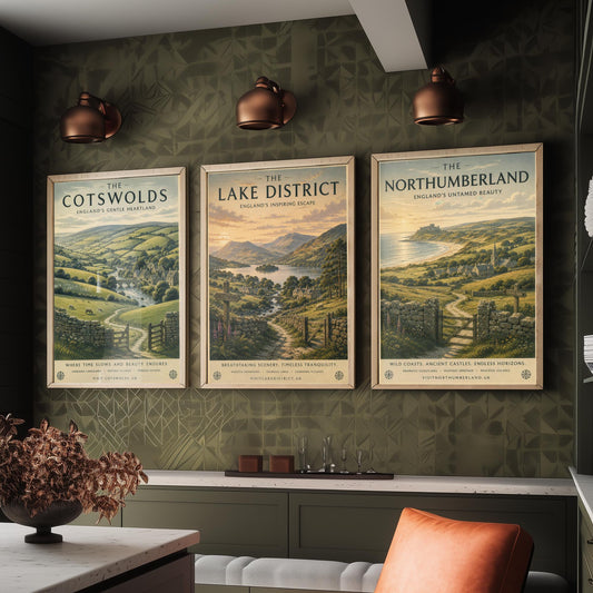 Set of Three English Countryside Travel Posters - Cotswolds, Lake District, Northumberland - Art Print Painting Gift Decor
