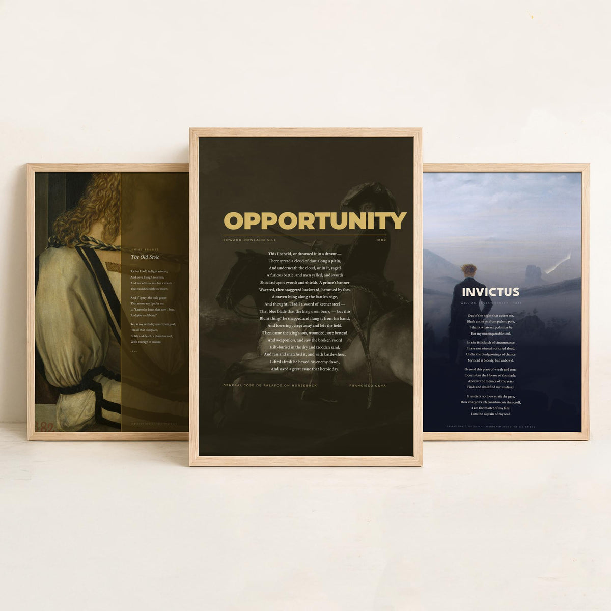 Courage Poems Set of Three Art Prints - Invictus, The Old Stoic, Opportunity - Full Poems over Classic Paintings - Poetry Poster Triptych