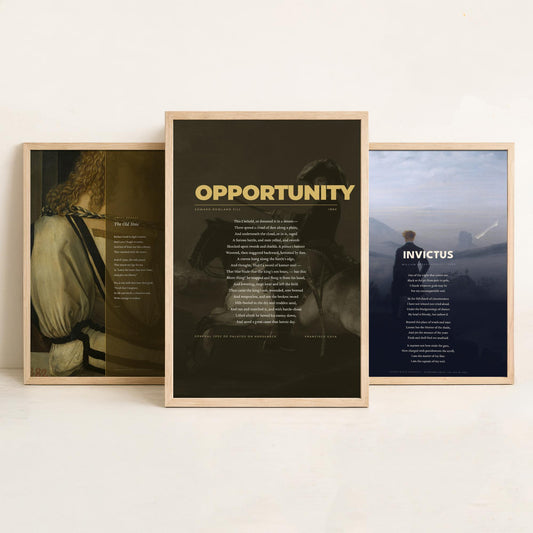Courage Poems Set of Three Art Prints - Invictus, The Old Stoic, Opportunity - Full Poems over Classic Paintings - Poetry Poster Triptych