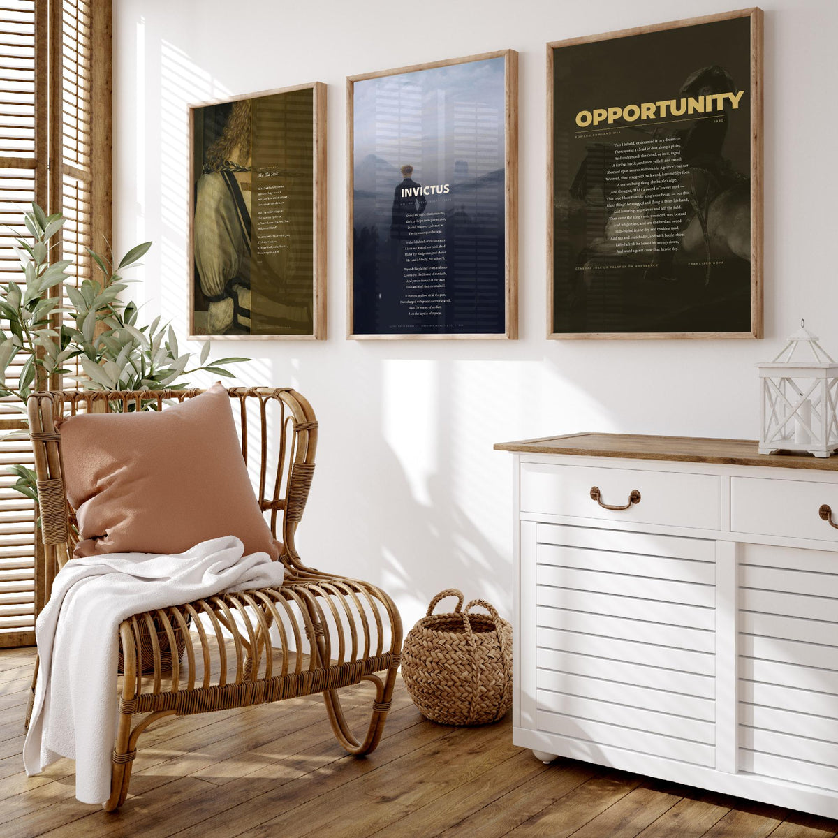 Courage Poems Set of Three Art Prints - Invictus, The Old Stoic, Opportunity - Full Poems over Classic Paintings - Poetry Poster Triptych