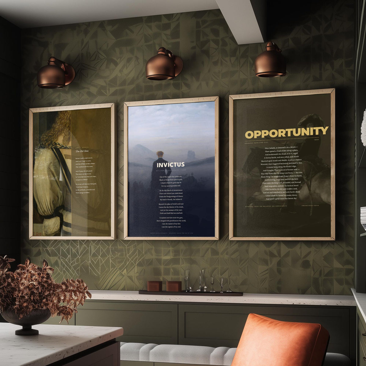 Courage Poems Set of Three Art Prints - Invictus, The Old Stoic, Opportunity - Full Poems over Classic Paintings - Poetry Poster Triptych