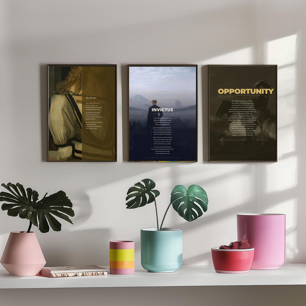 Courage Poems Set of Three Art Prints - Invictus, The Old Stoic, Opportunity - Full Poems over Classic Paintings - Poetry Poster Triptych