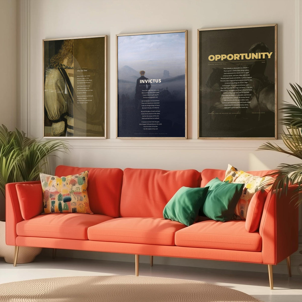Courage Poems Set of Three Art Prints - Invictus, The Old Stoic, Opportunity - Full Poems over Classic Paintings - Poetry Poster Triptych