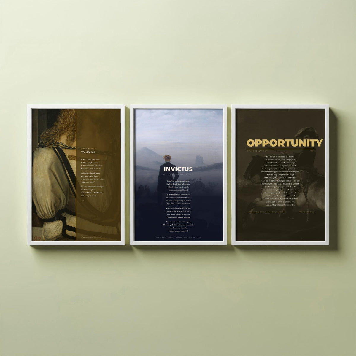 Courage Poems Set of Three Art Prints - Invictus, The Old Stoic, Opportunity - Full Poems over Classic Paintings - Poetry Poster Triptych