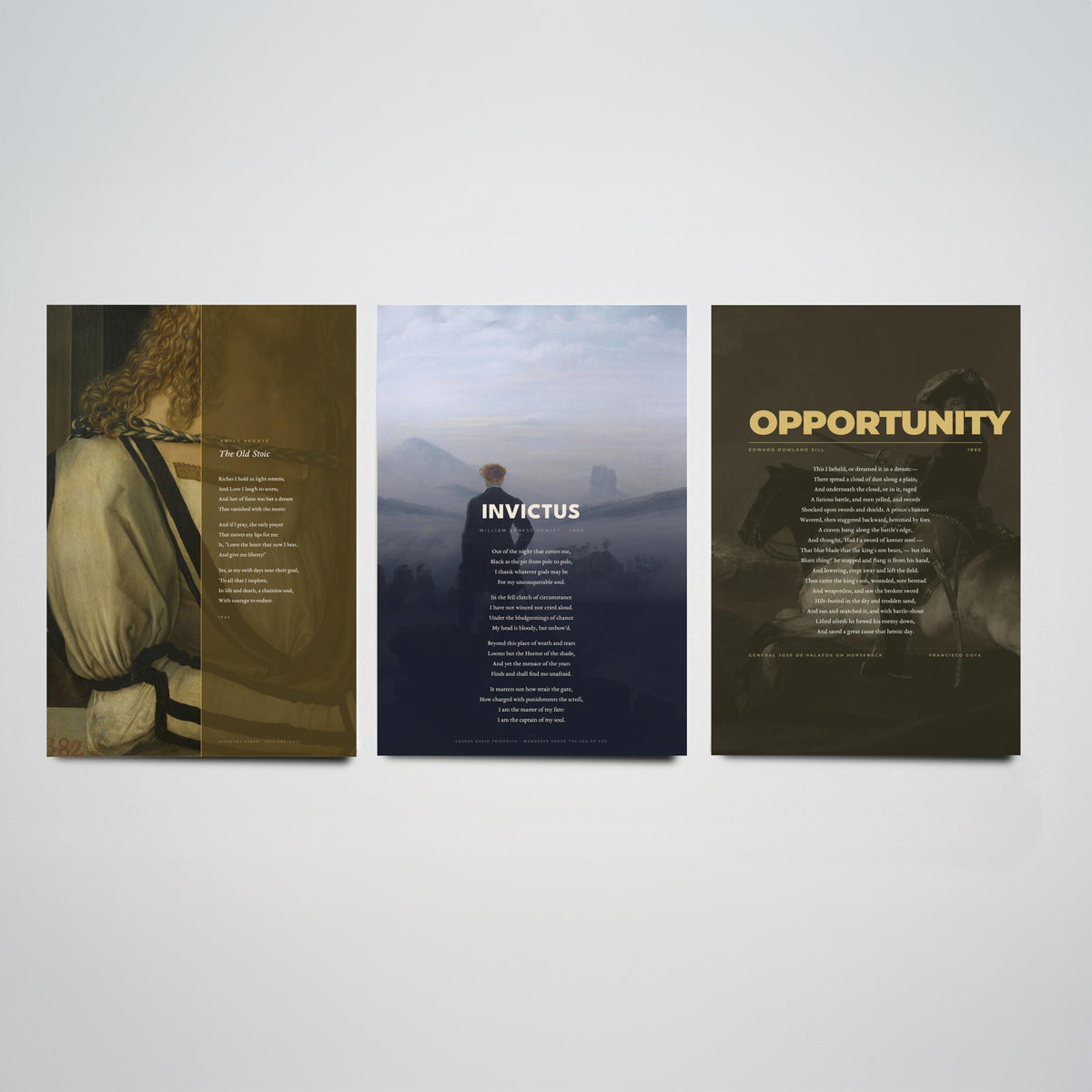 Courage Poems Set of Three Art Prints - Invictus, The Old Stoic, Opportunity - Full Poems over Classic Paintings - Poetry Poster Triptych