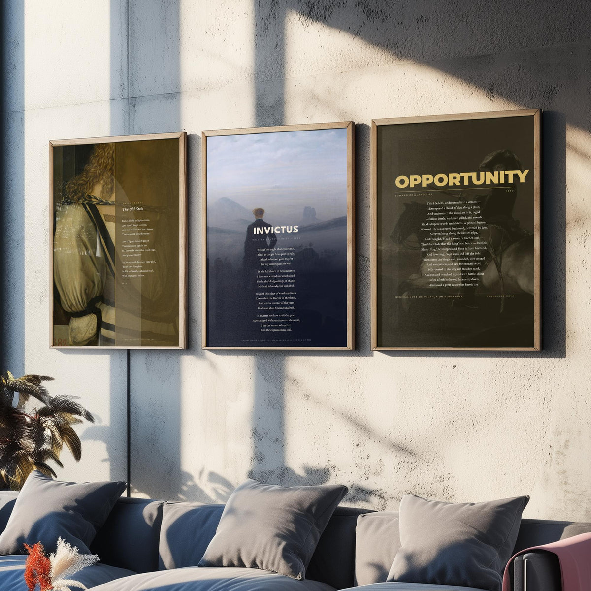Courage Poems Set of Three Art Prints - Invictus, The Old Stoic, Opportunity - Full Poems over Classic Paintings - Poetry Poster Triptych