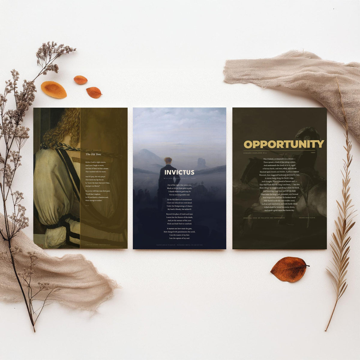 Courage Poems Set of Three Art Prints - Invictus, The Old Stoic, Opportunity - Full Poems over Classic Paintings - Poetry Poster Triptych