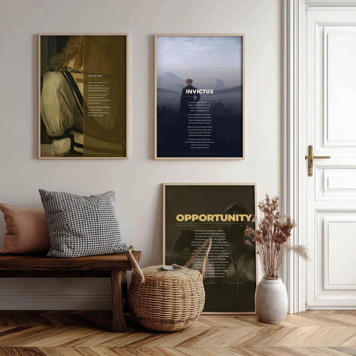 Courage Poems Set of Three Art Prints - Invictus, The Old Stoic, Opportunity - Full Poems over Classic Paintings - Poetry Poster Triptych