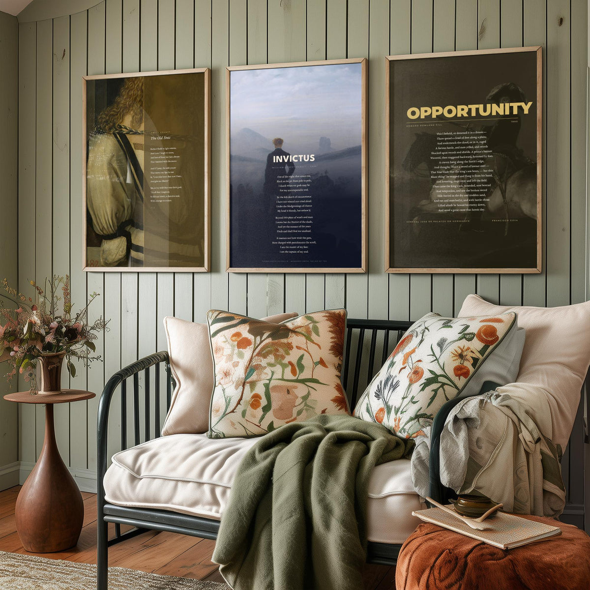 Courage Poems Set of Three Art Prints - Invictus, The Old Stoic, Opportunity - Full Poems over Classic Paintings - Poetry Poster Triptych