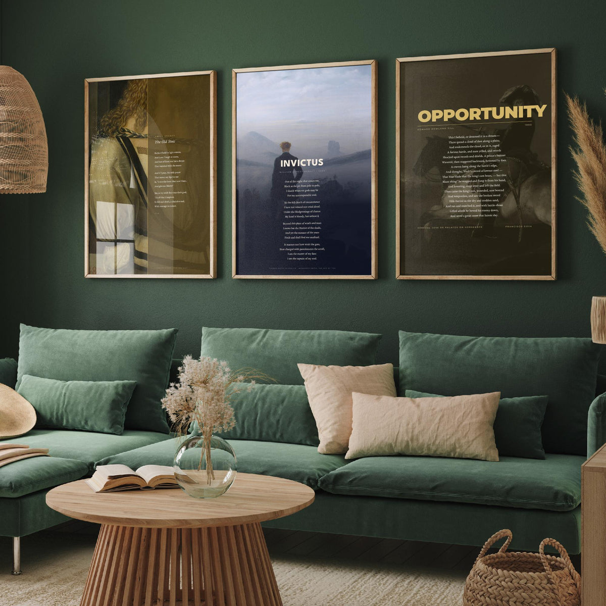 Courage Poems Set of Three Art Prints - Invictus, The Old Stoic, Opportunity - Full Poems over Classic Paintings - Poetry Poster Triptych