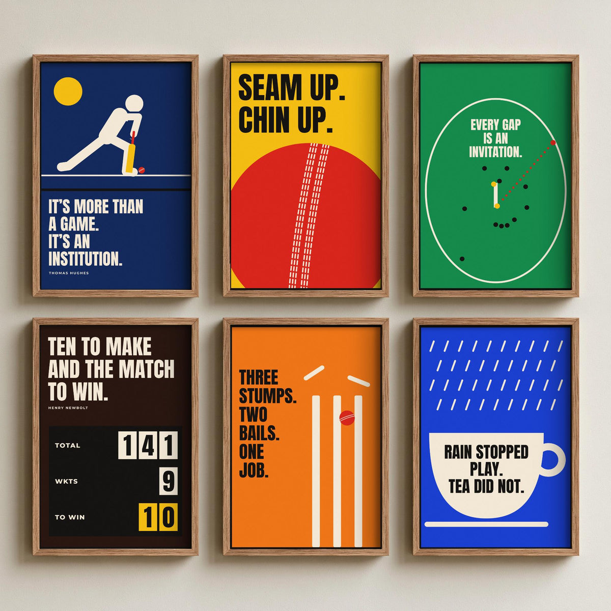 Set of Six Cricket Quote Art Prints - 6 Bauhaus Cricketer Posters - Minimalist Sport Illustration - Bat, Ball, Stumps