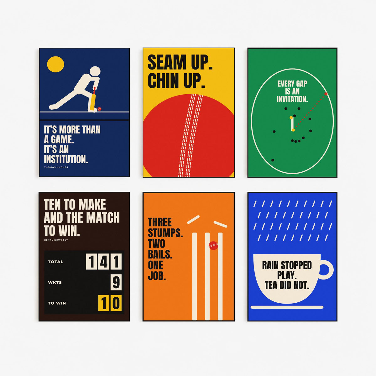 Set of Six Cricket Quote Art Prints - 6 Bauhaus Cricketer Posters - Minimalist Sport Illustration - Bat, Ball, Stumps