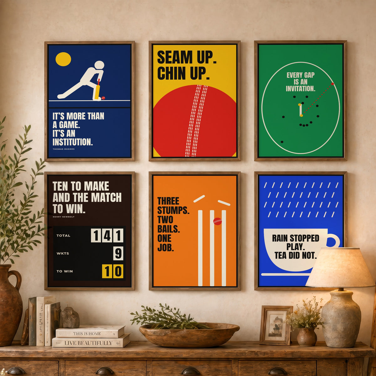 Set of Six Cricket Quote Art Prints - 6 Bauhaus Cricketer Posters - Minimalist Sport Illustration - Bat, Ball, Stumps